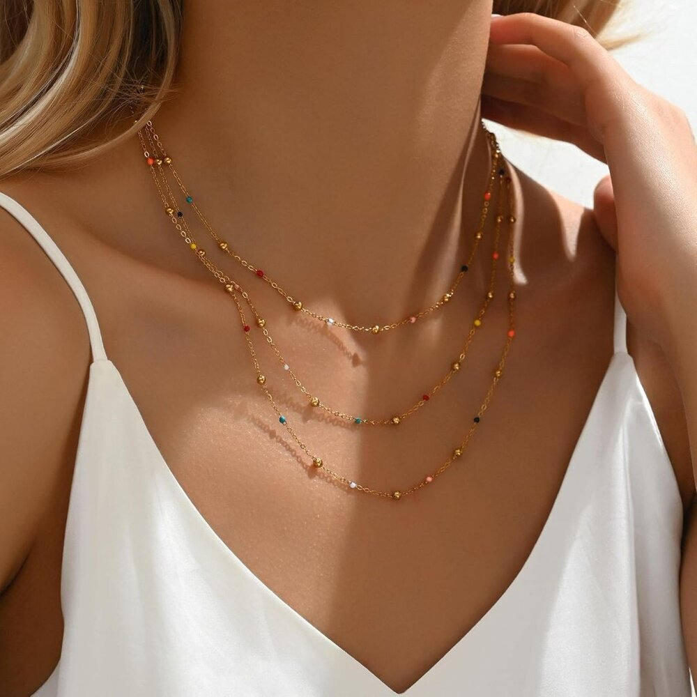 Gold Chain Necklace for Women Dainty 18K Gold Plated Thin Satellite Beaded Turqu - Picture 2 of 7